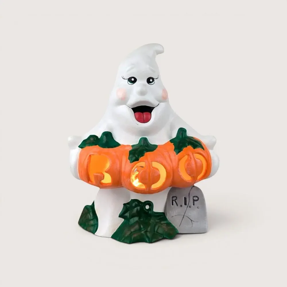Vintage Light Up Ceramic Ghost Holding Boo Pumpkins Halloween Figurine